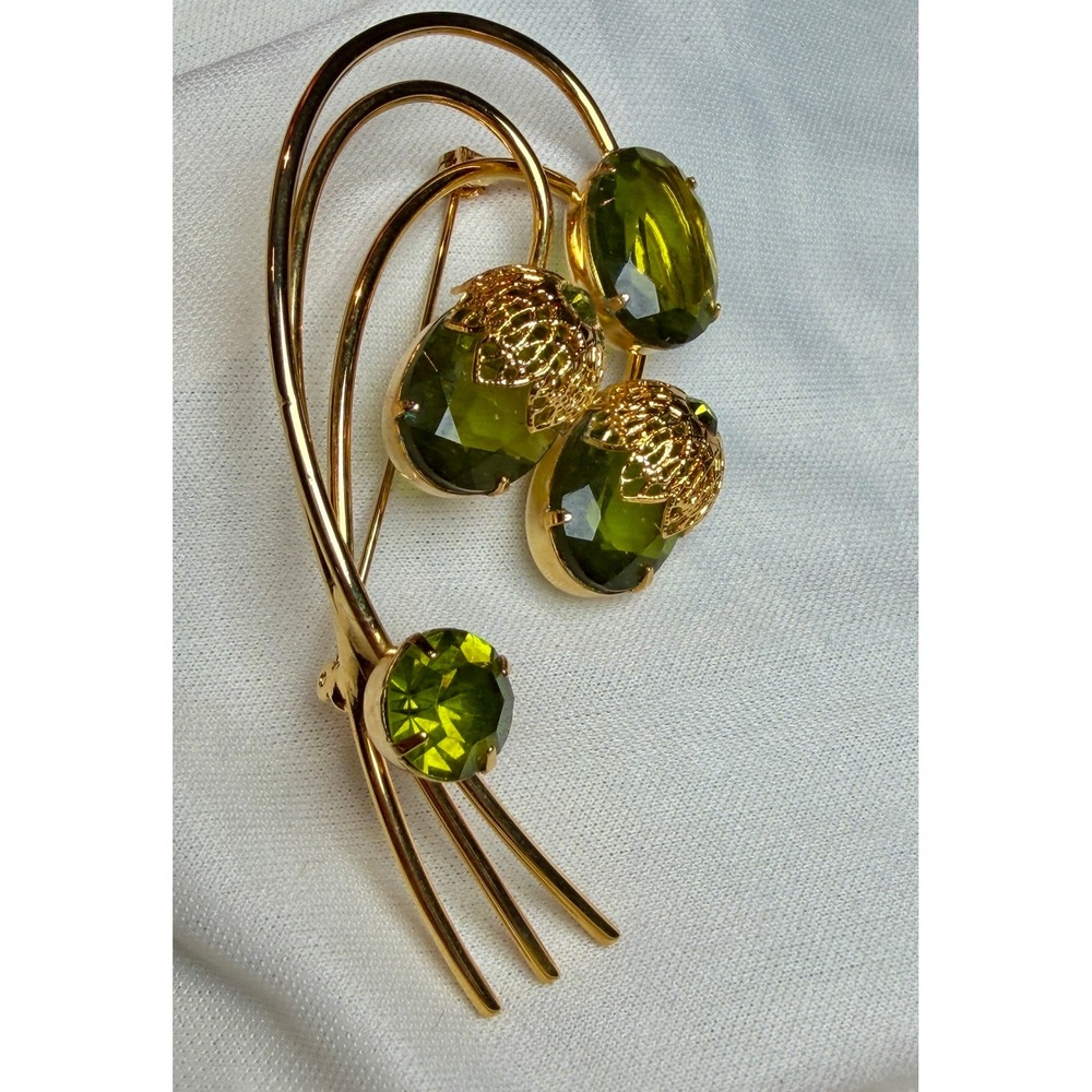 Vintage Sarah Coventry Gold Tone Olive Green Glass Stone Spray Brooch Pin - Picture 1 of 9